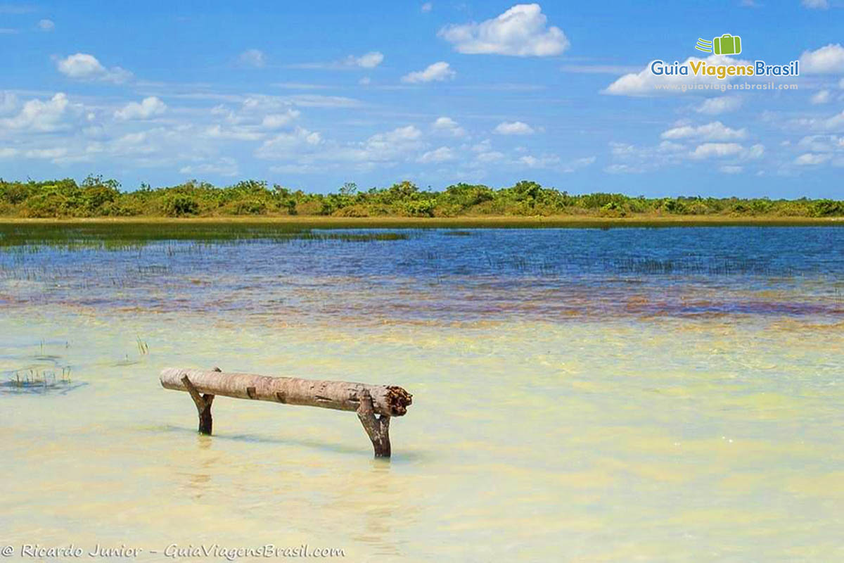 Imagem do banco de madeira dentro das águas cristalinas da Lagoa Azul.