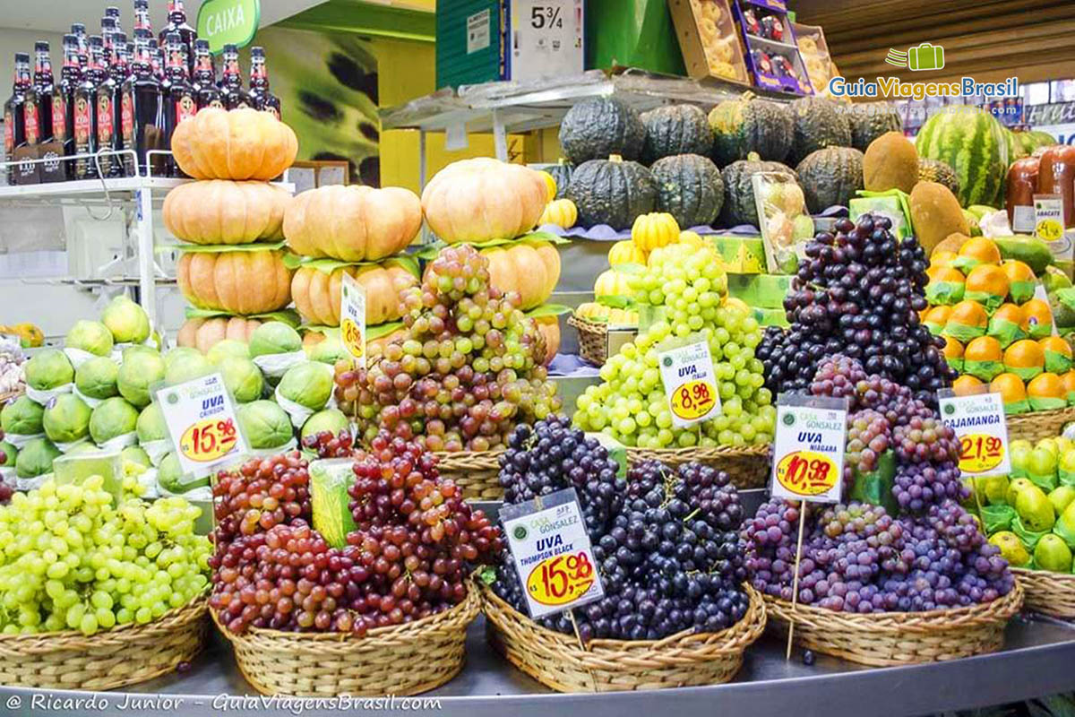 Imagem de frutas deliciosas expostas para visitantes do Mercado Municipal, em São Paulo.