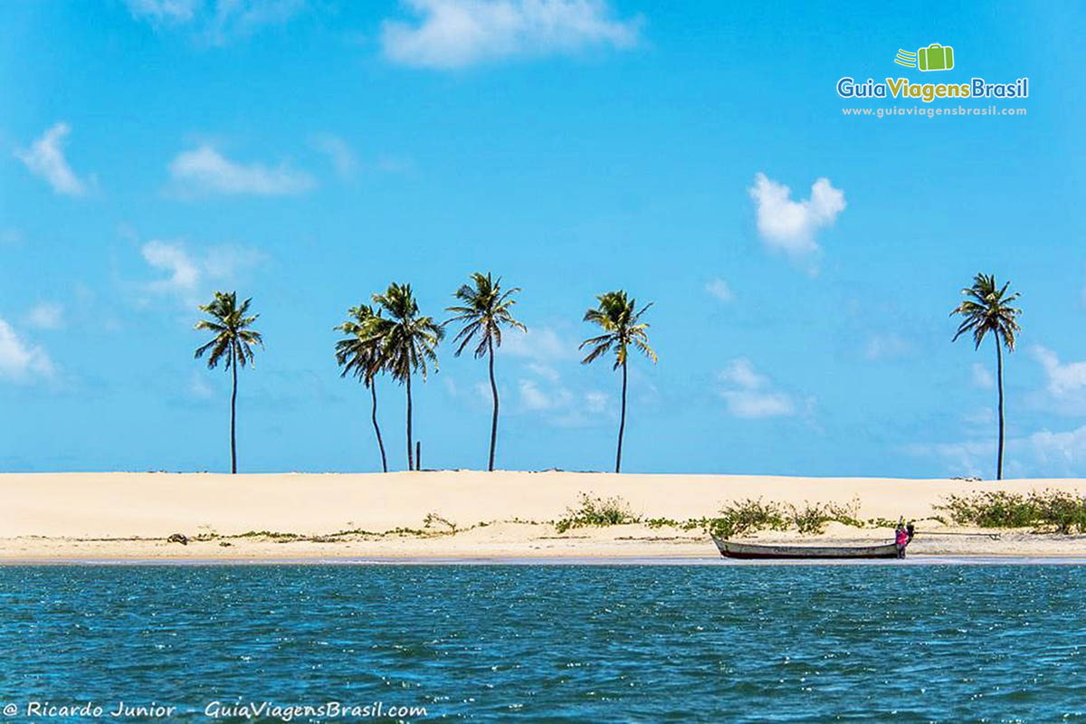 Imagem bela da água azul e cristalina e ao fundo a praia com coqueiros e um barco de pescador parado, Foz Rio São Francisco, em Alagoas, Brasil. 