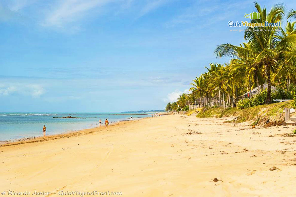 Imagem de turistas aproveitando para caminhar na Praia do Parracho que possui belo coqueiros.