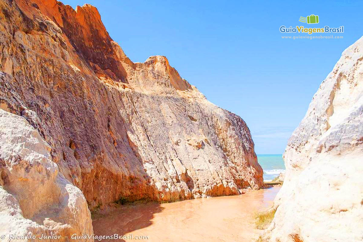 Imagem de trilhas entre as falécias e no fim o belo mar da Praia de Morro Branco.