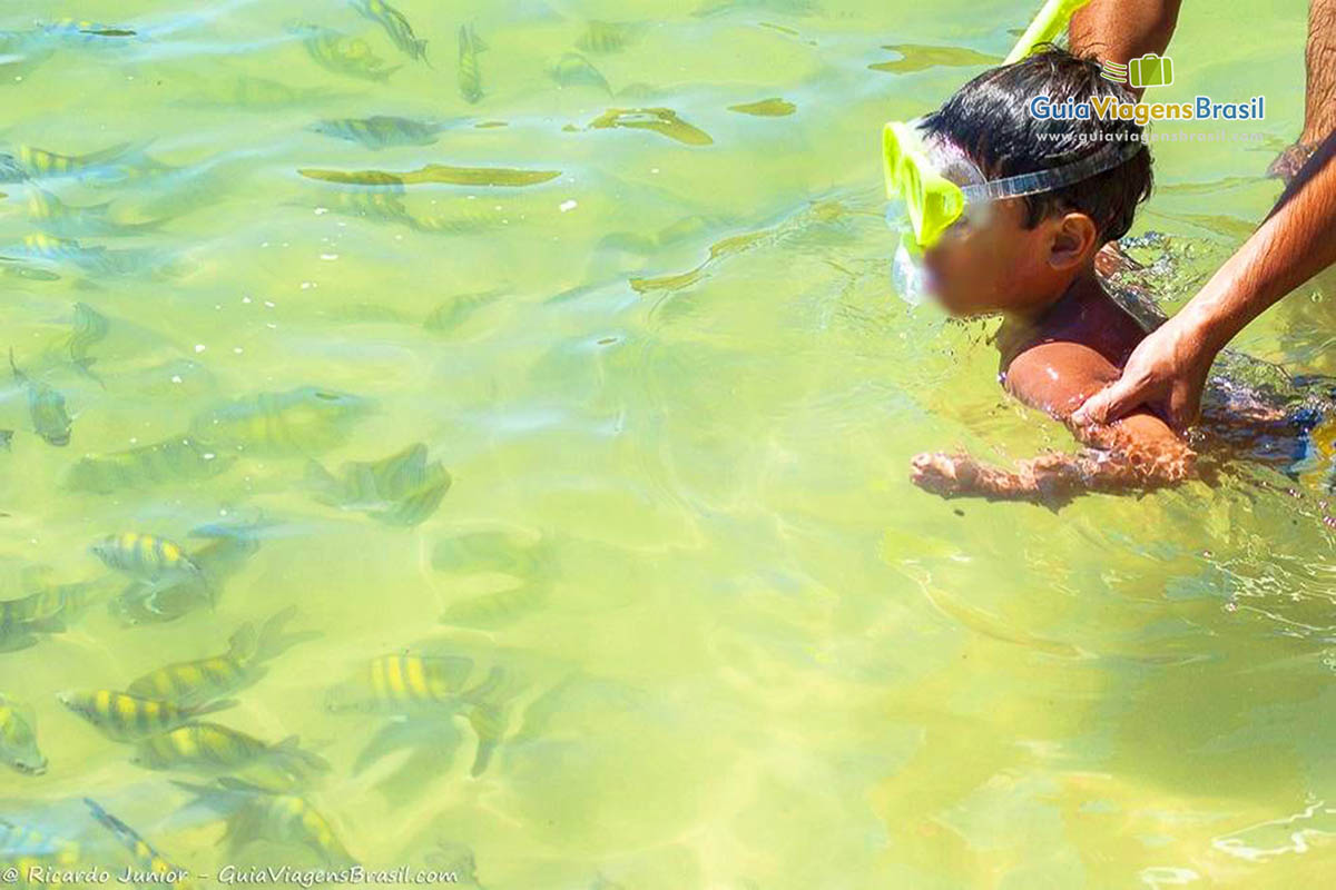 Imagem de menino com snorkel nas águas da praia.