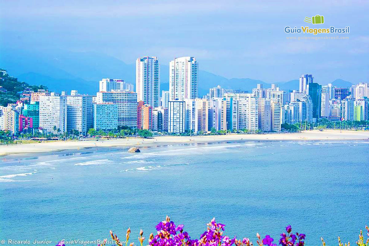 Imagem dos prédios nas orla da bela praia de Santos. 