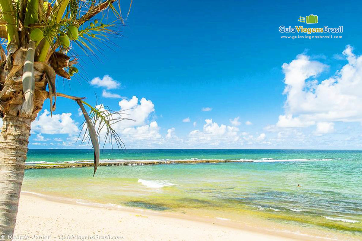 Imagem do mar com cor azul maravilhoso na Praia Arembepe.